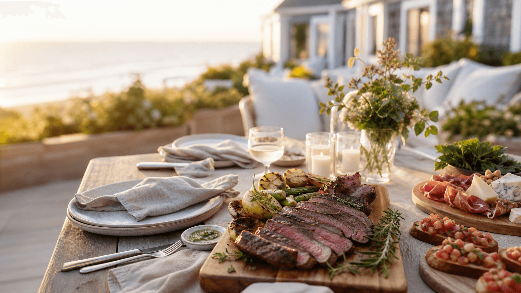 Grilled steak and summer catering spread